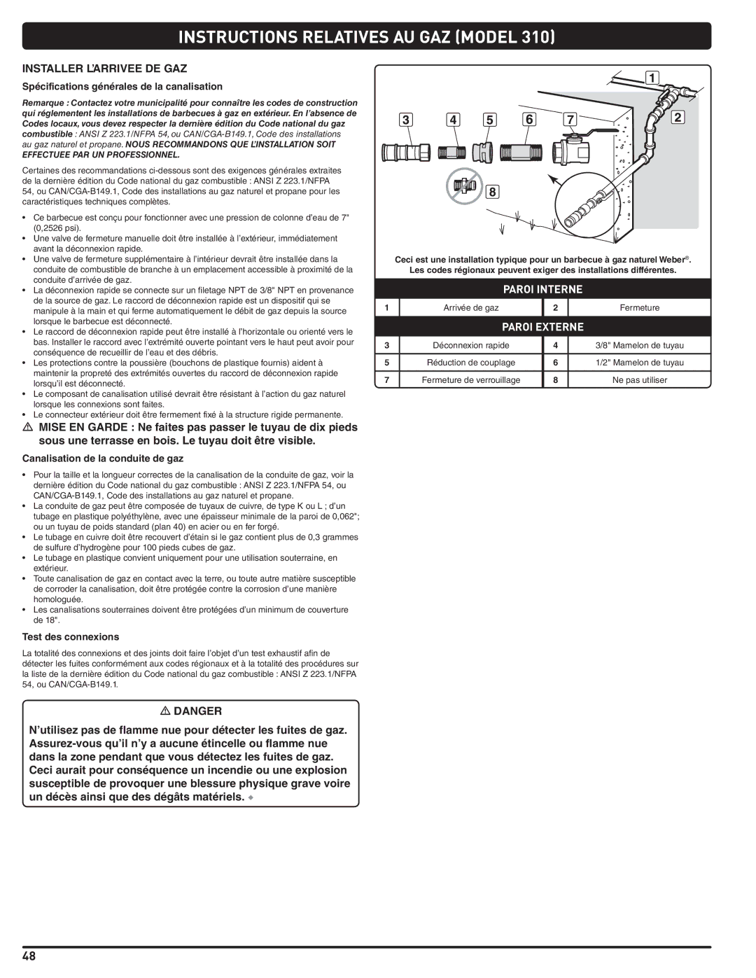 Weber 56515 Instructions Relatives AU GAZ Model, Installer L’ARRIVEE DE GAZ, Spécifications générales de la canalisation 