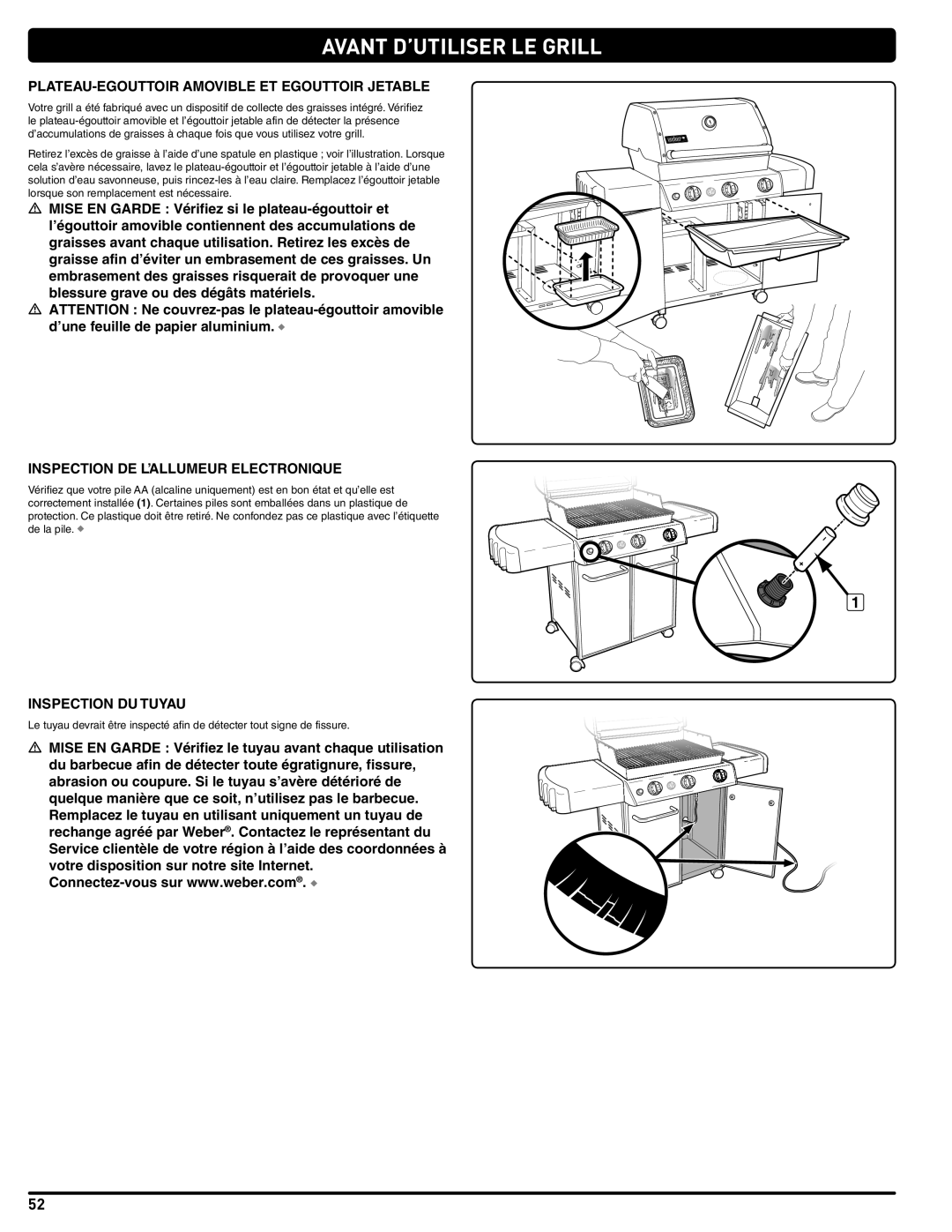 Weber 56515 manual Avant D’UTILISER LE Grill, PLATEAU-EGOUTTOIR Amovible ET Egouttoir Jetable, Inspection DU Tuyau 