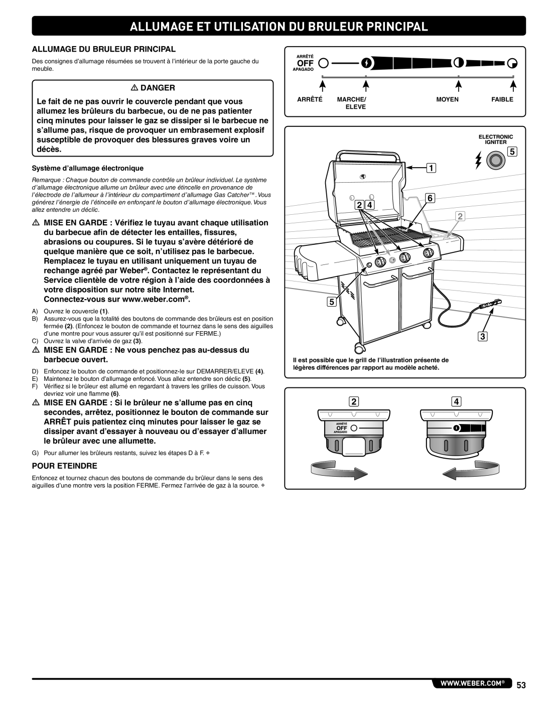 Weber 56515 manual Allumage ET Utilisation DU Bruleur Principal, Allumage DU Bruleur Principal, Pour Eteindre 