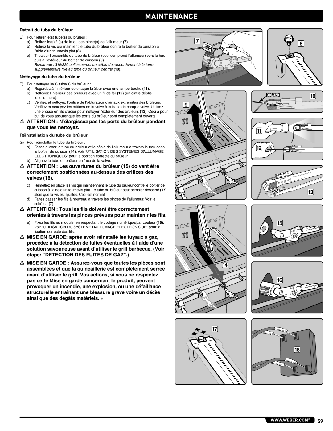 Weber 56515 manual Retrait du tube du brûleur, Nettoyage du tube du brûleur, Réinstallation du tube du brûleur 