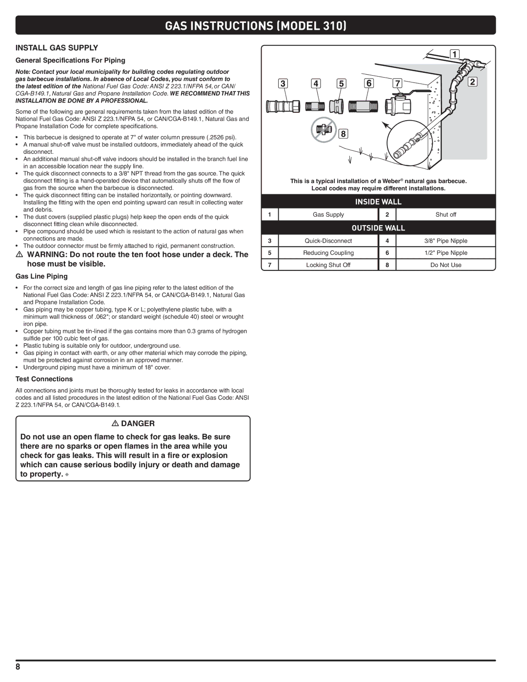 Weber 56515 manual GAS Instructions Model, Install GAS Supply, General Specifications For Piping, Gas Line Piping 