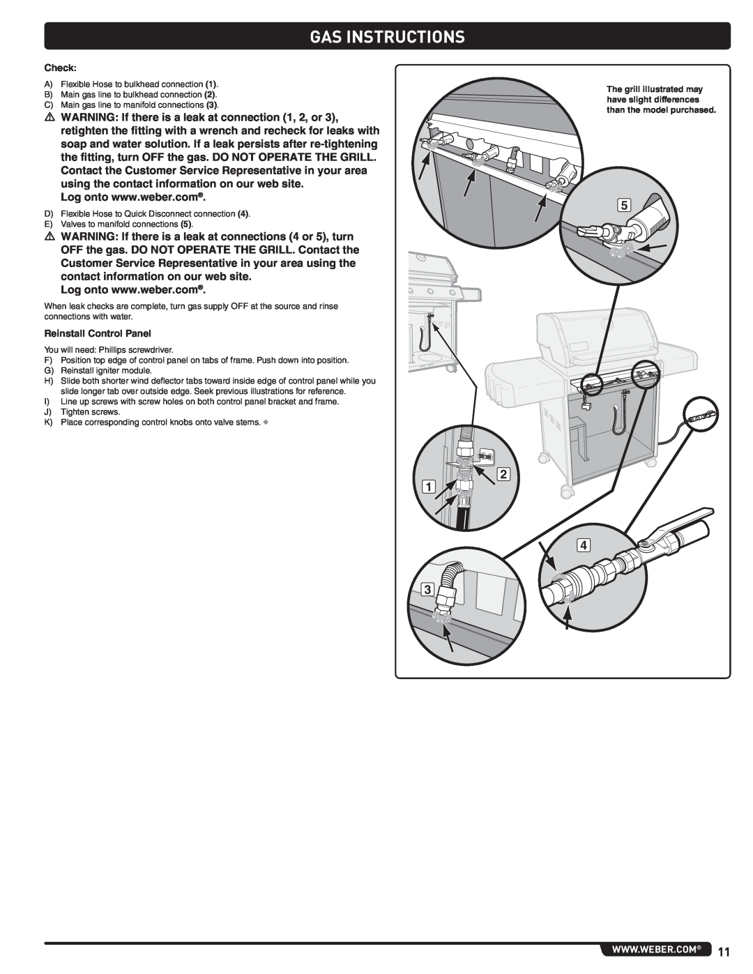 Weber 56515 manual Gas Instructions, m WARNING If there is a leak at connection 1, 2, or 