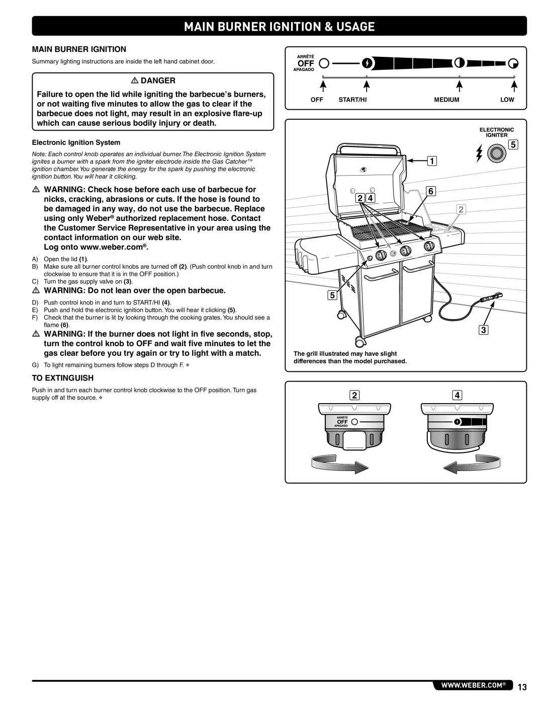 Weber 56515 manual Main Burner Ignition & Usage, Electronic Ignition System 