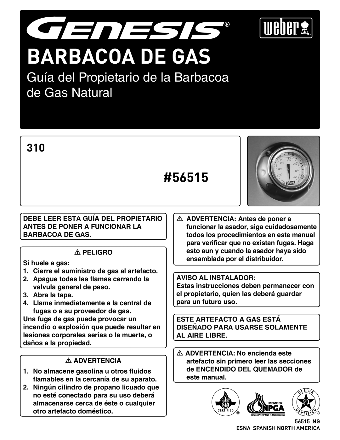 Weber manual Barbacoa De Gas, Guía del Propietario de la Barbacoa de Gas Natural, #56515 