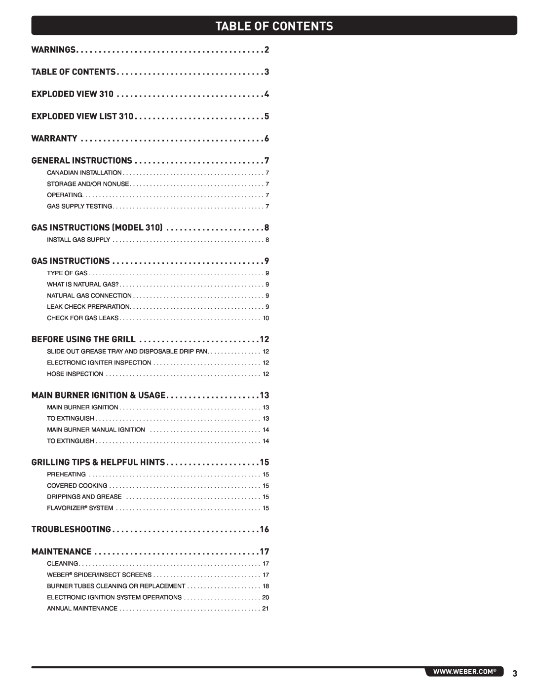 Weber 56515 manual Table Of Contents 