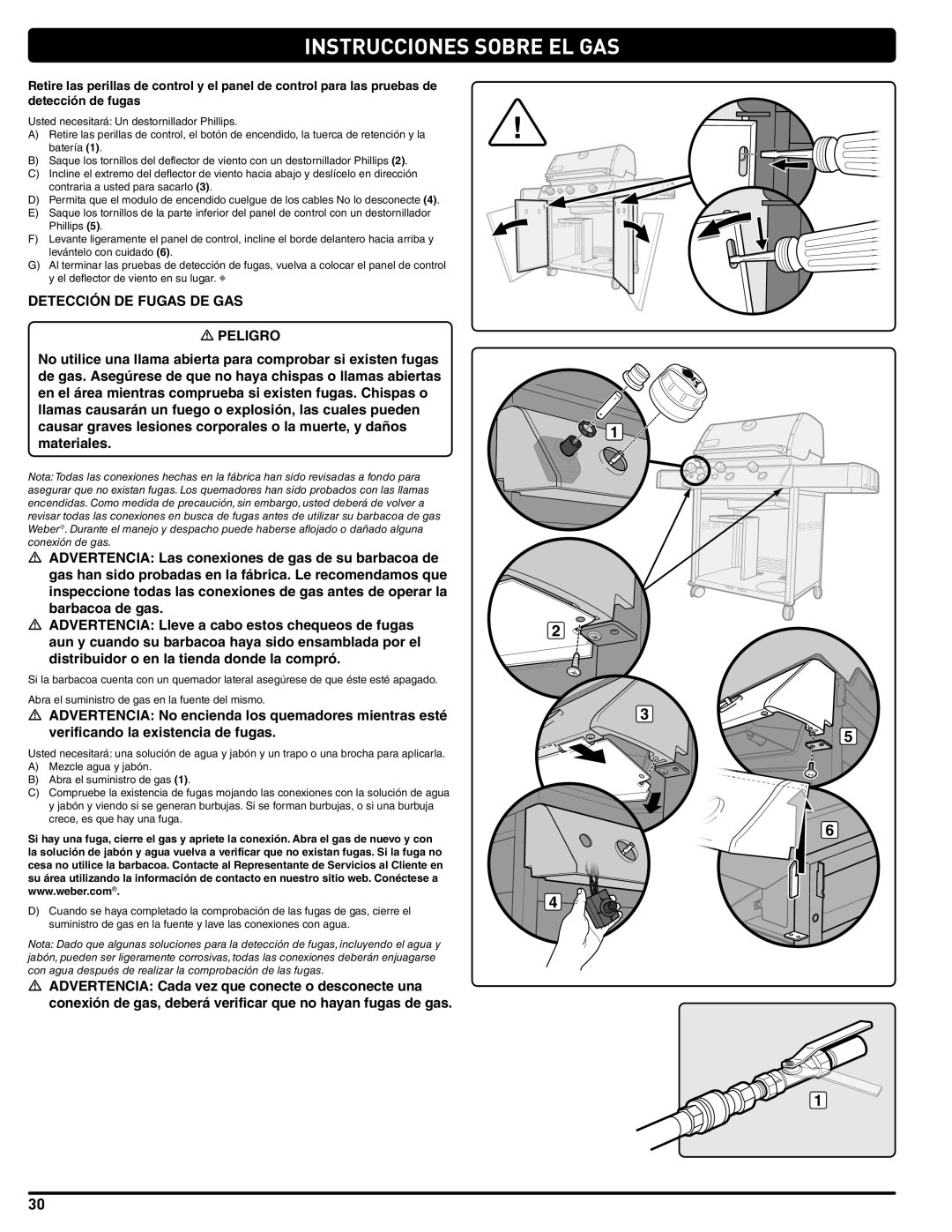 Weber 56515 manual Instrucciones Sobre El Gas, DETECCIÓN DE FUGAS DE GAS m PELIGRO 