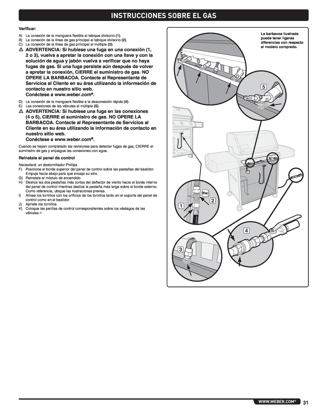 Weber 56515 manual Instrucciones Sobre El Gas, m ADVERTENCIA Si hubiese una fuga en una conexión 