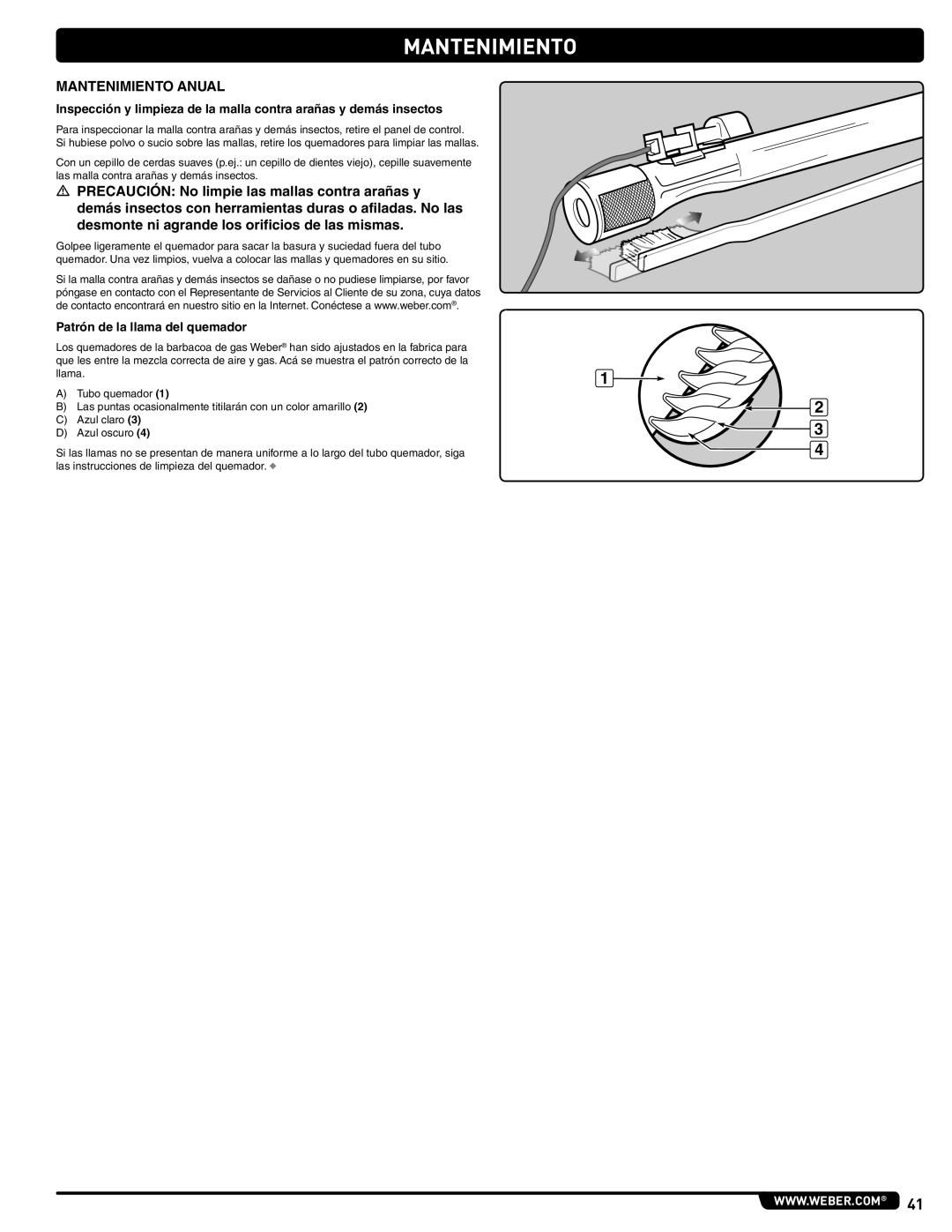 Weber 56515 manual Mantenimiento Anual, Inspección y limpieza de la malla contra arañas y demás insectos 
