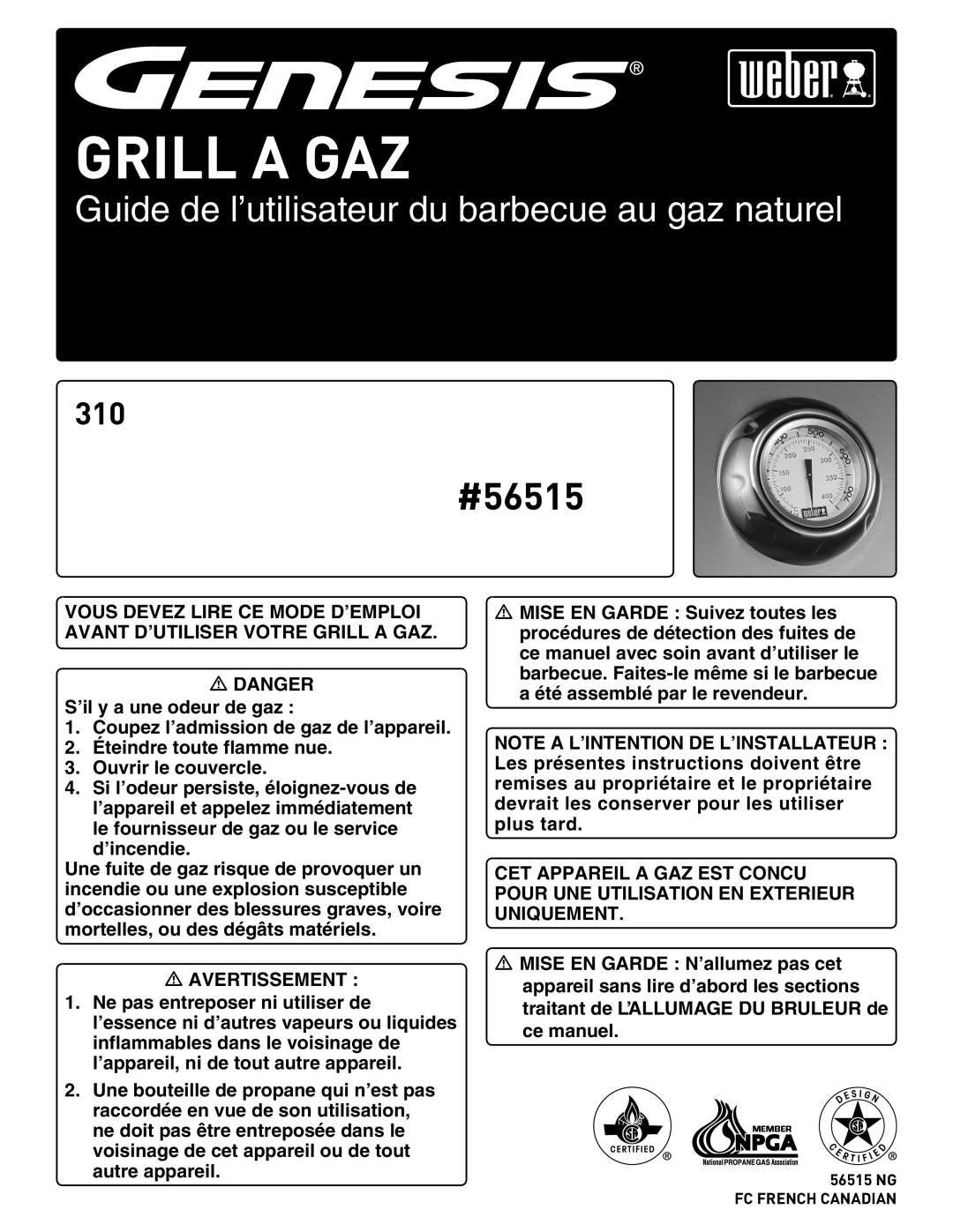 Weber manual Grill A Gaz, Guide de l’utilisateur du barbecue au gaz naturel, #56515 