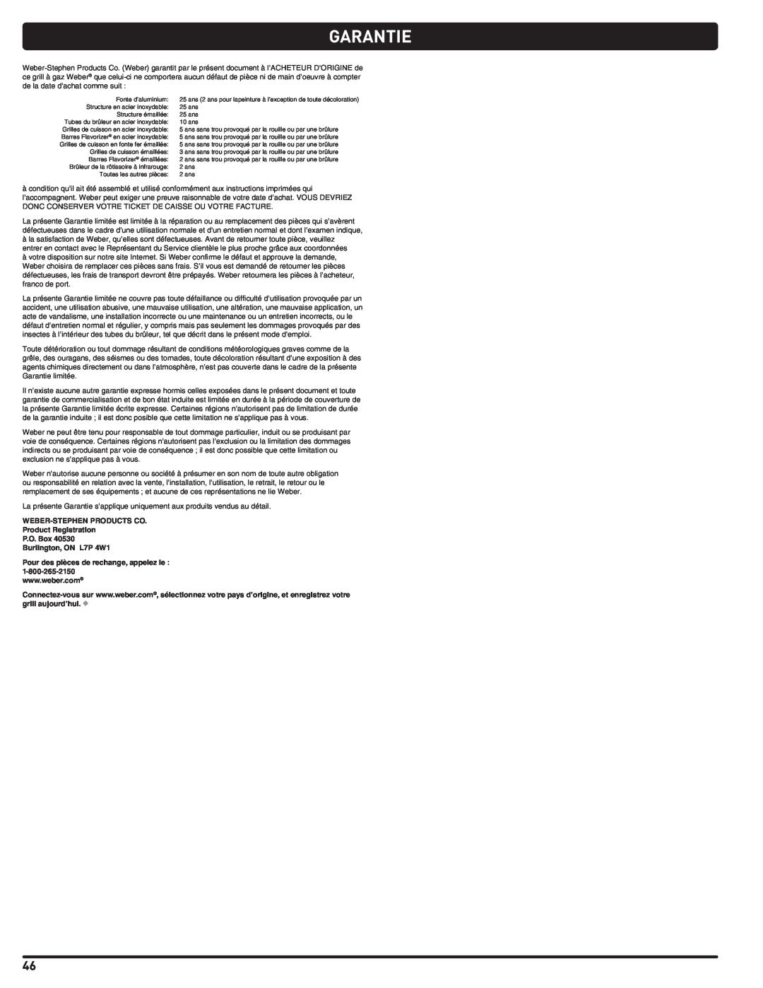 Weber 56515 manual Garantie, WEBER-STEPHEN PRODUCTS CO Product Registration P.O. Box 