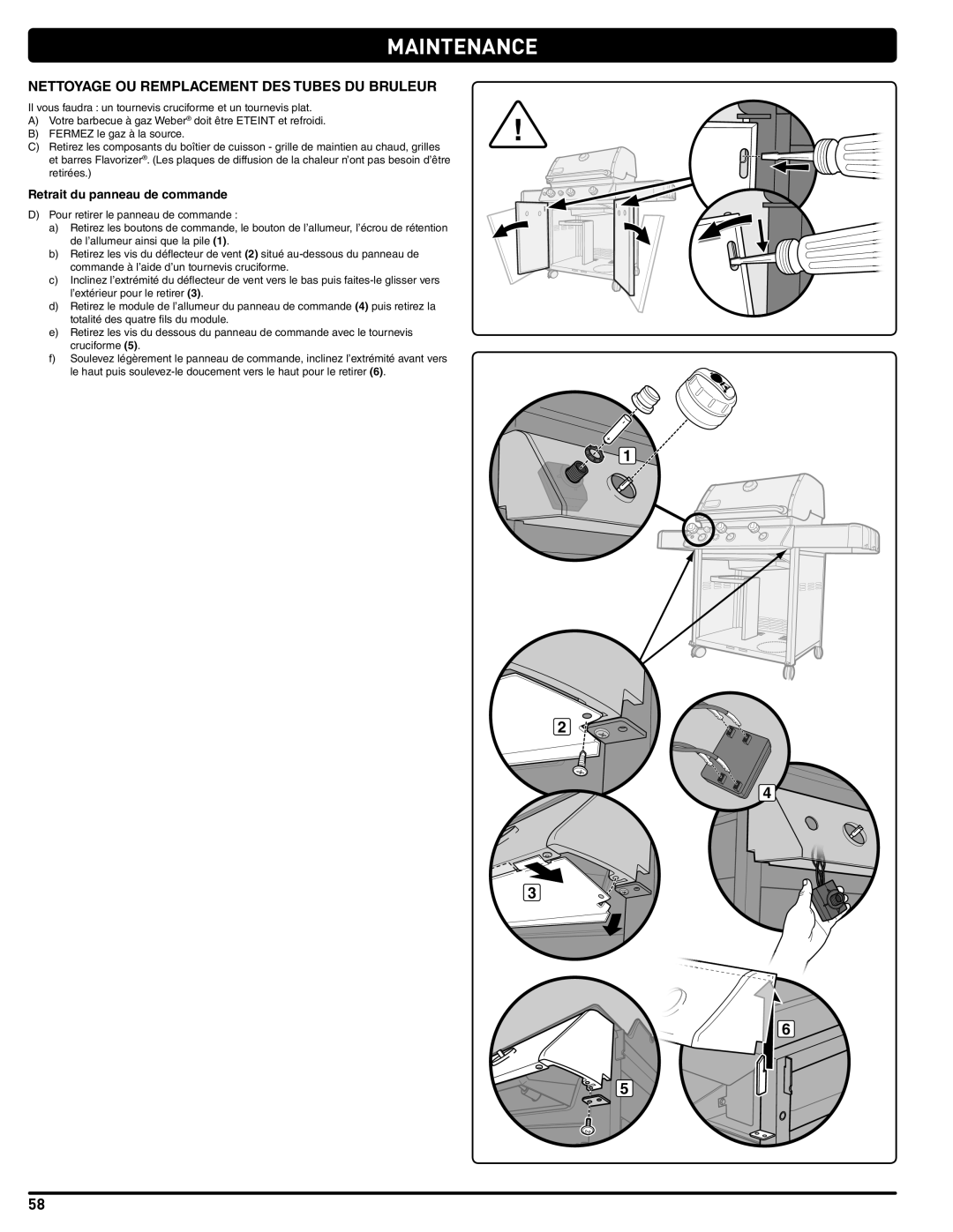 Weber 56515 manual Maintenance, Nettoyage Ou Remplacement Des Tubes Du Bruleur, Retrait du panneau de commande 