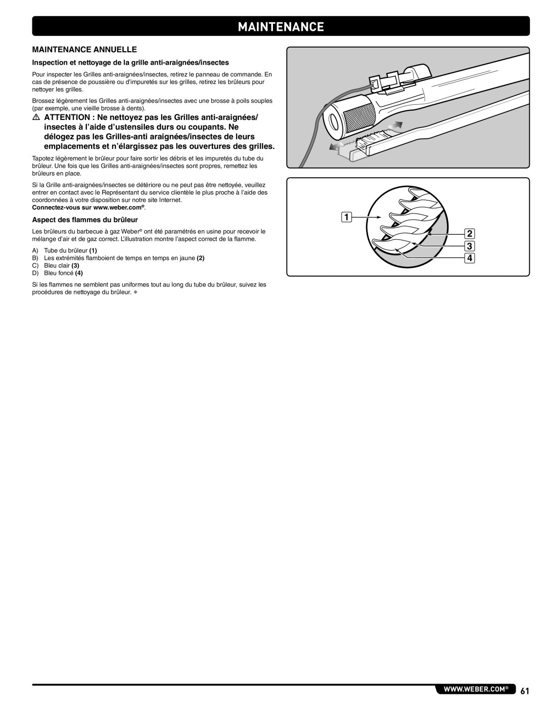 Weber 56515 manual Maintenance Annuelle, Inspection et nettoyage de la grille anti-araignées/insectes 