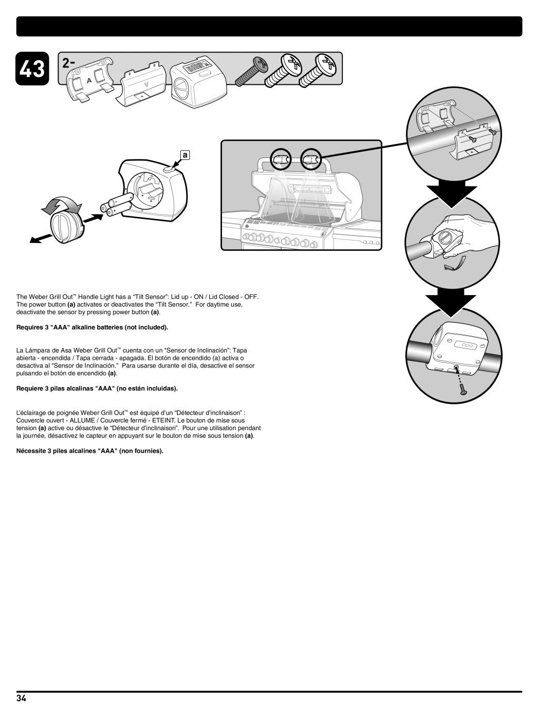 Weber 56559 manual Nécessite 3 piles alcalines AAA non fournies 