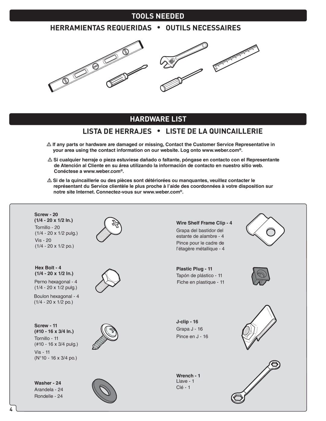 Weber 56559 manual Tools Needed, Hardware List 