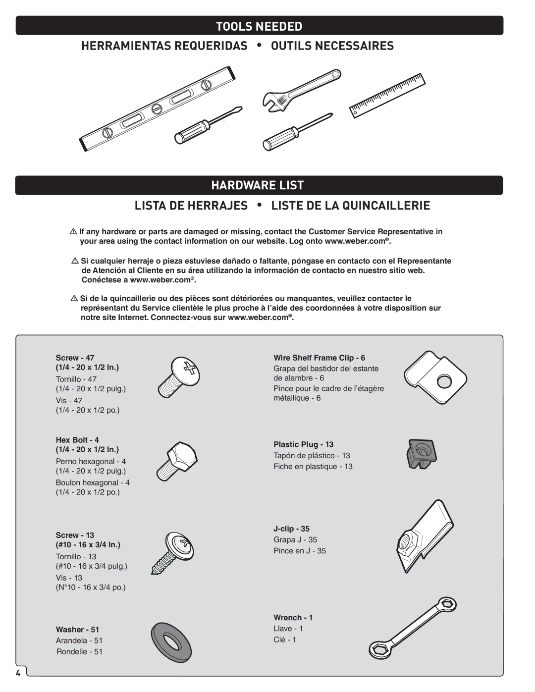 Weber 56561 manual Tools Needed, Hardware List 