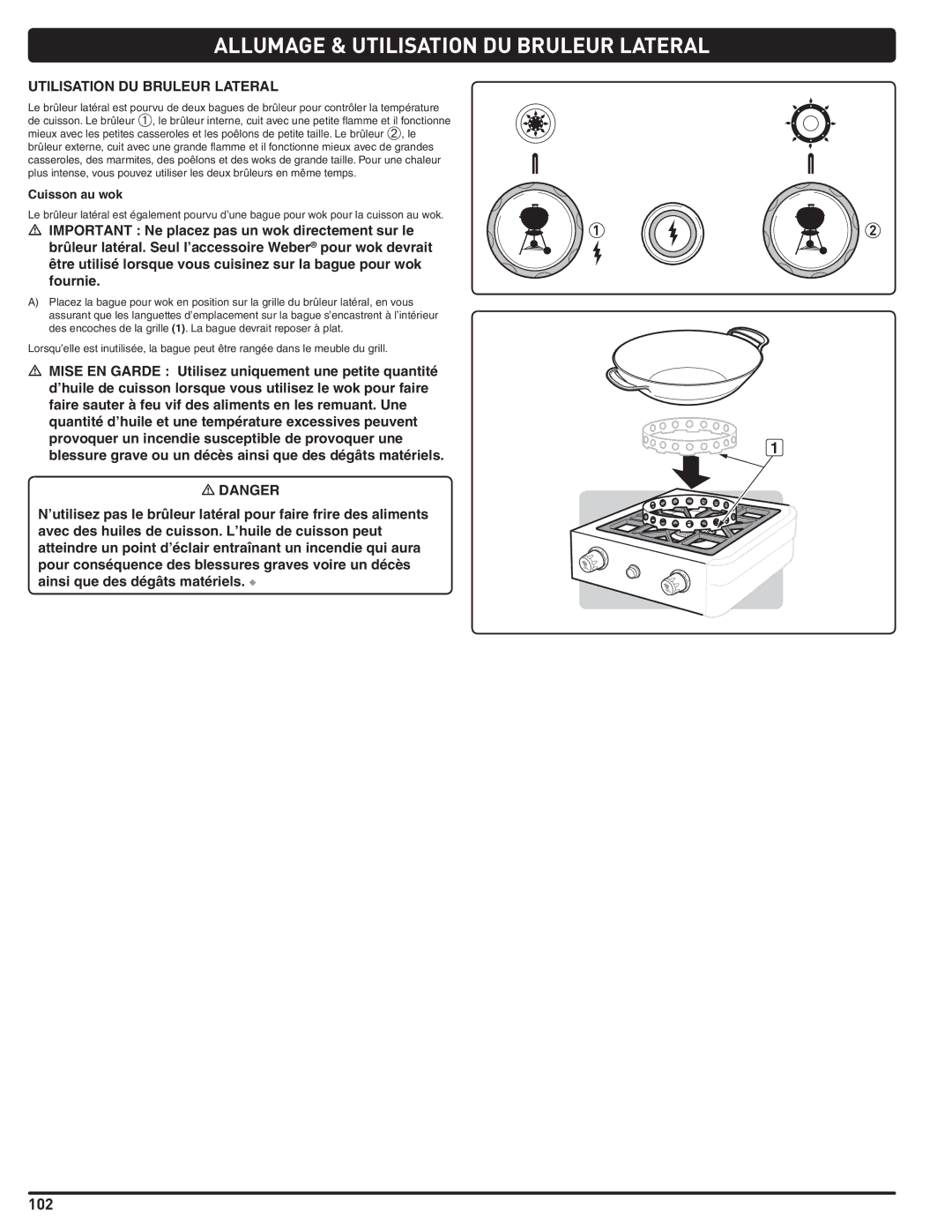 Weber 56567 manual Utilisation DU Bruleur Lateral, Cuisson au wok 