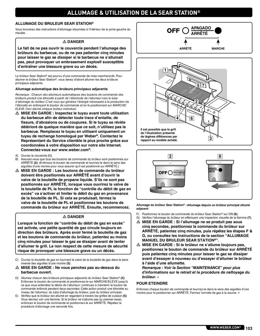 Weber 56567 manual Allumage & Utilisation DE LA Sear Station, Allumage DU Bruleur Sear Station 