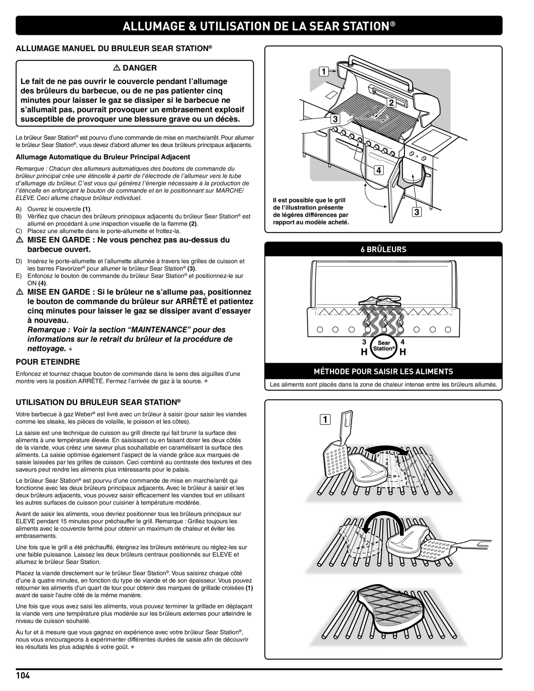 Weber 56567 manual Allumage Manuel DU Bruleur Sear Station, Utilisation DU Bruleur Sear Station 