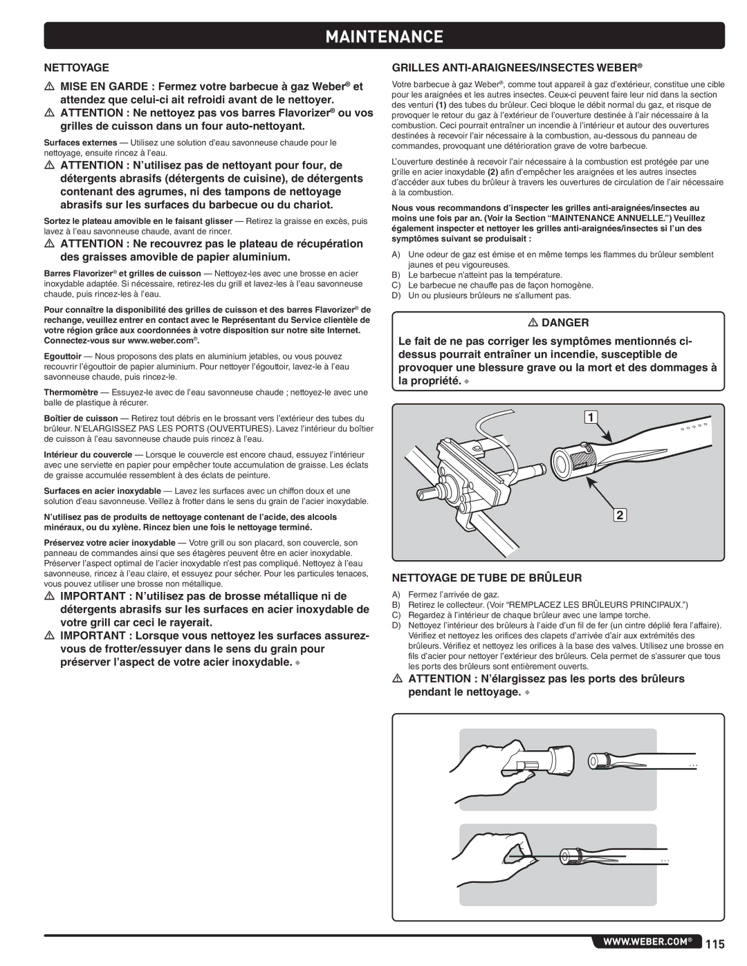 Weber 56567 manual Grilles ANTI-ARAIGNEES/INSECTES Weber, Nettoyage DE Tube DE Brûleur 