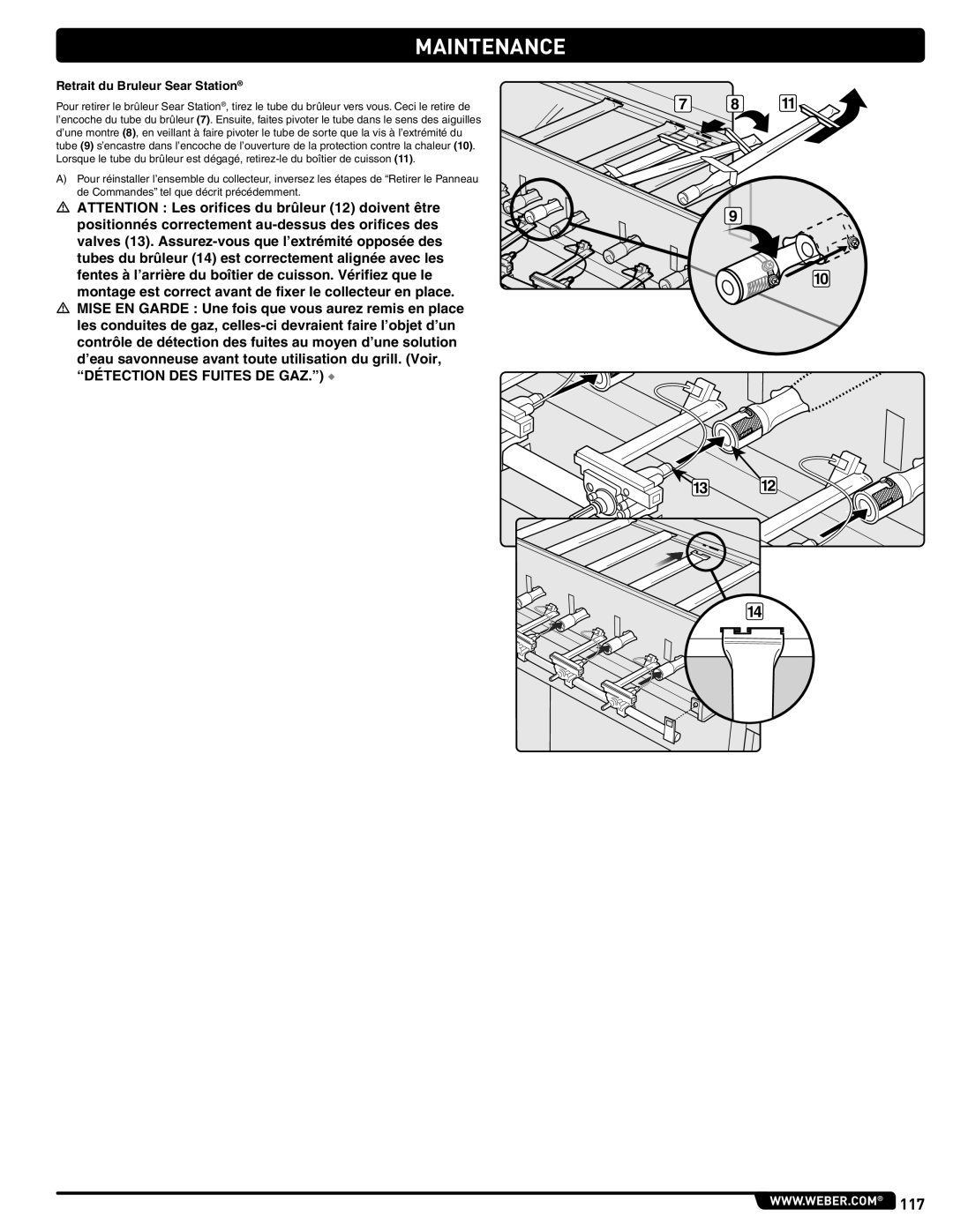 Weber 56567 manual Détection DES Fuites DE GAZ, Retrait du Bruleur Sear Station 