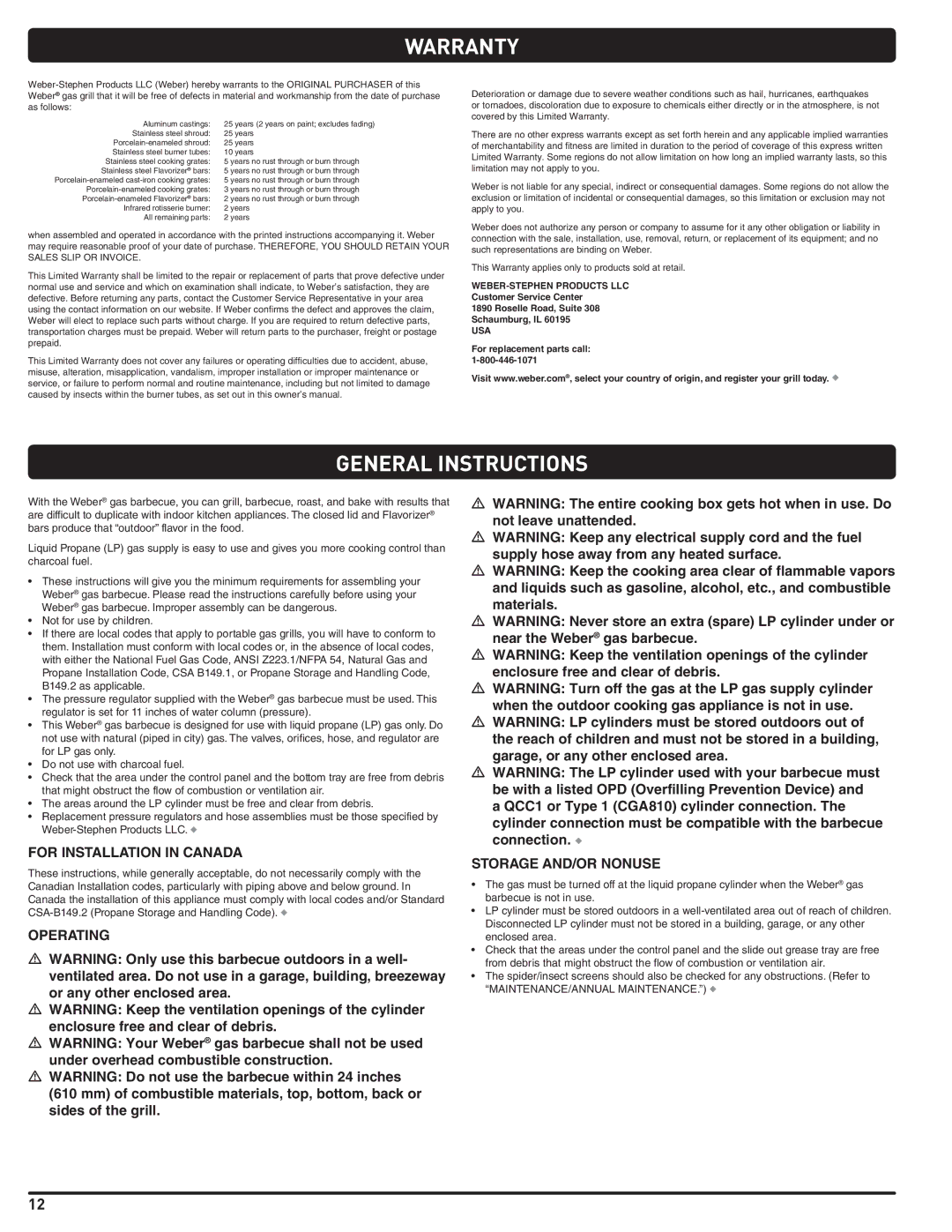 Weber 56567 manual Warranty, General Instructions, For Installation in Canada, Operating Storage AND/OR Nonuse 