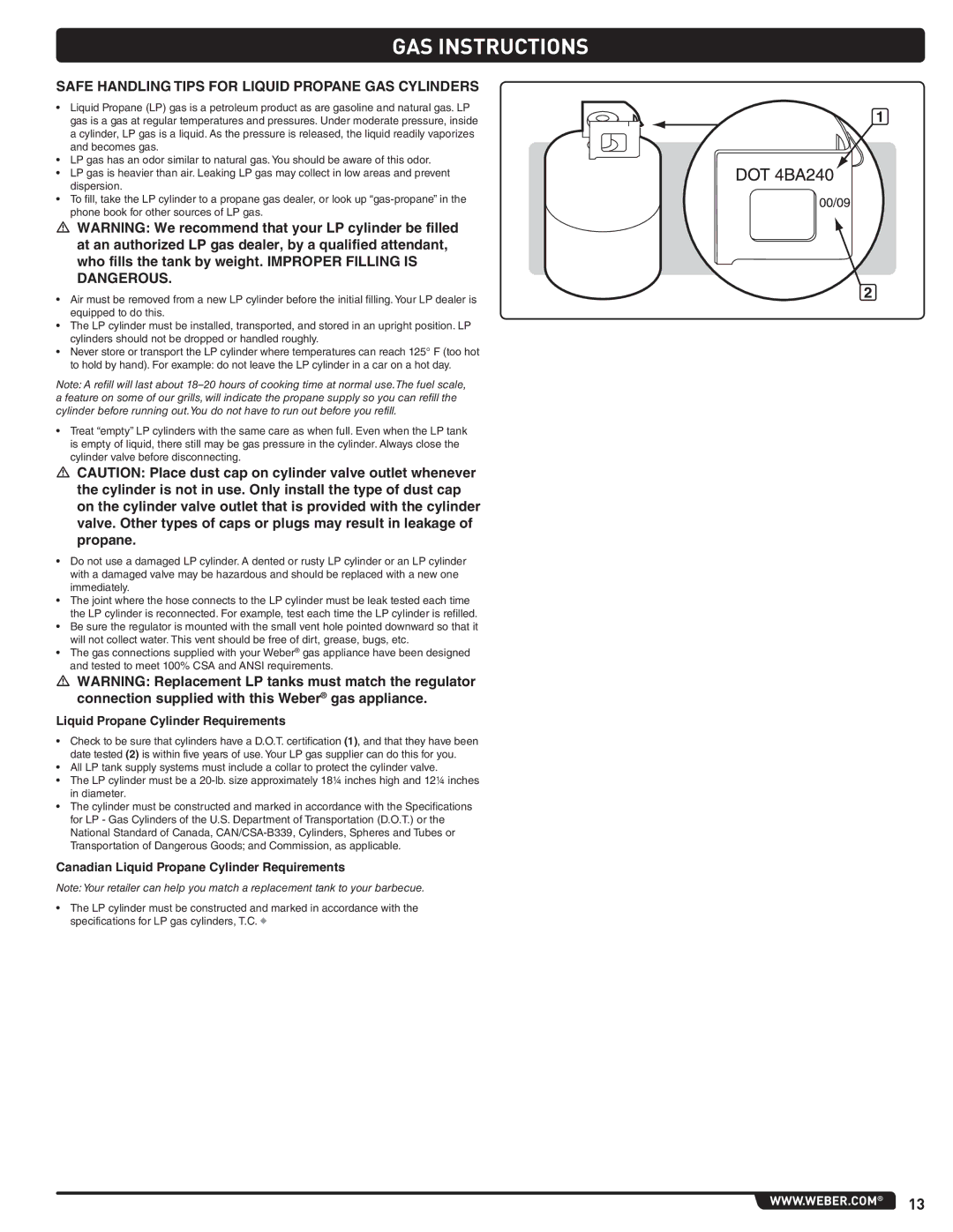 Weber 56567 GAS Instructions, Safe Handling Tips for Liquid Propane GAS Cylinders, Liquid Propane Cylinder Requirements 