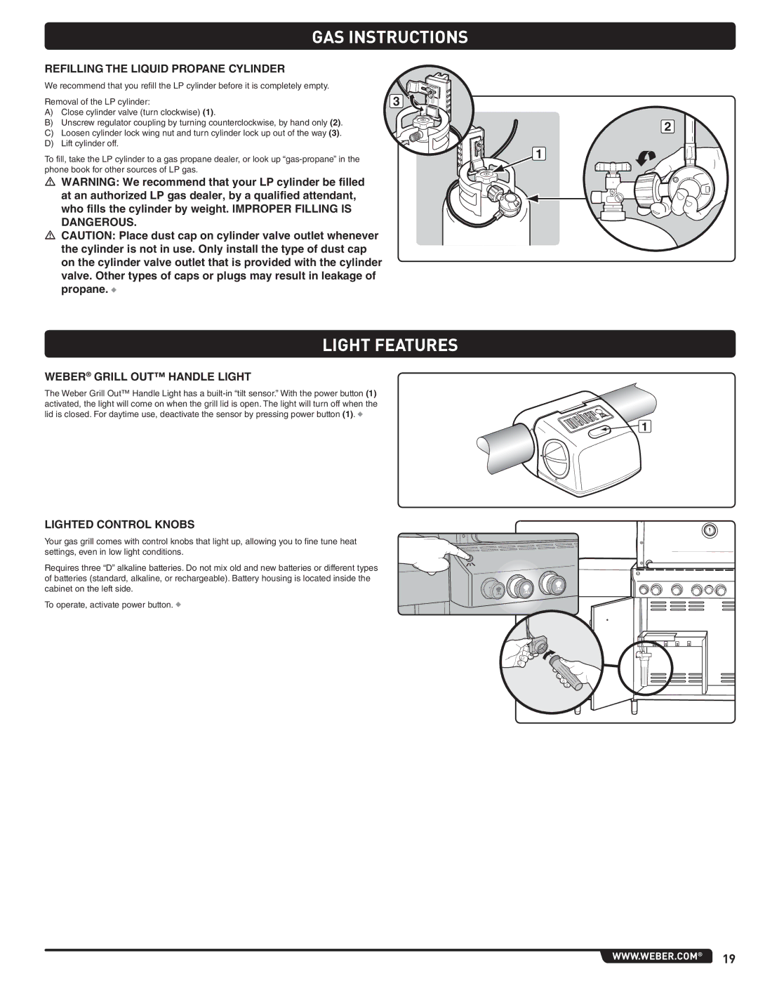 Weber 56567 Light Features, Refilling the Liquid Propane Cylinder, Weber Grill OUT Handle Light, Lighted Control Knobs 