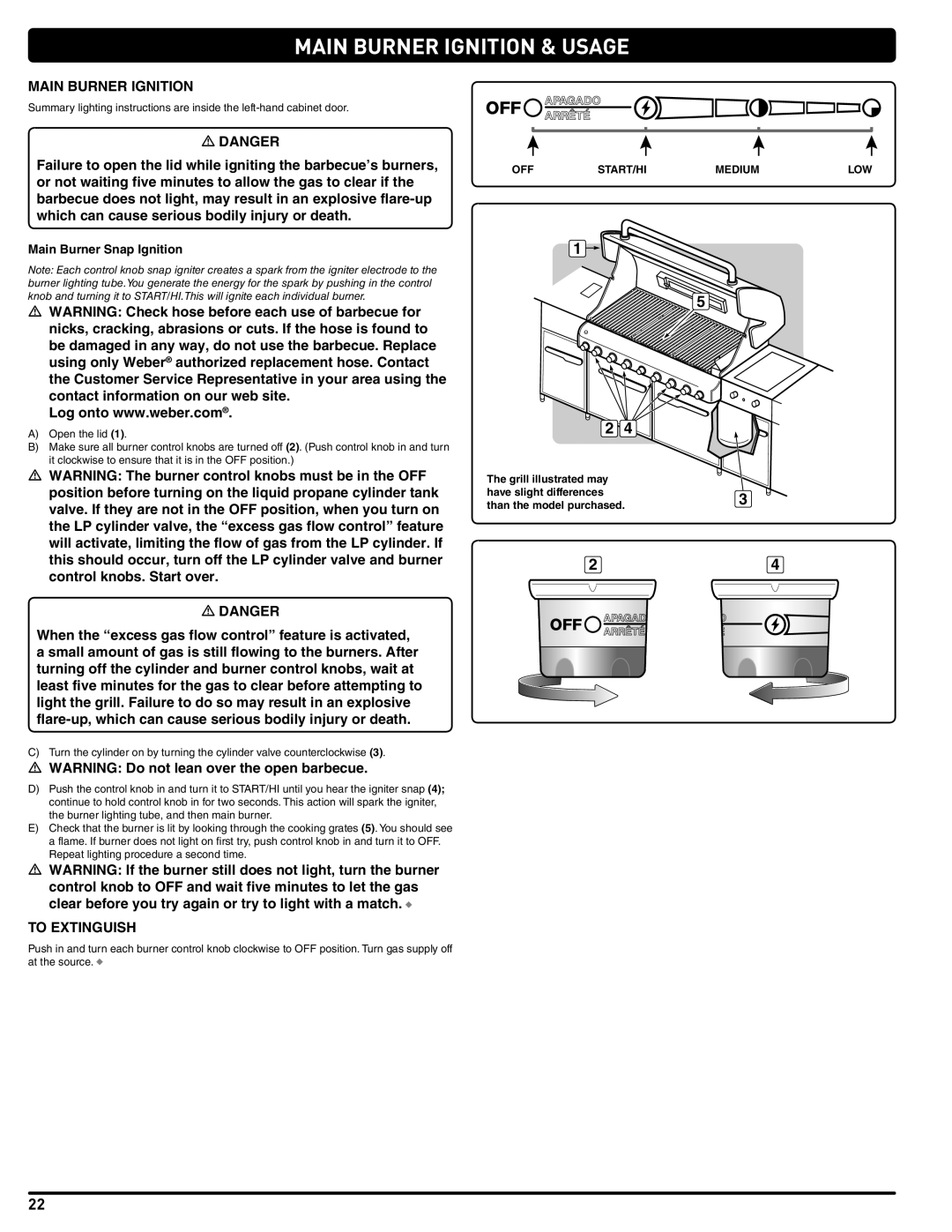 Weber 56567 manual Main Burner Ignition & Usage, To Extinguish, Main Burner Snap Ignition 