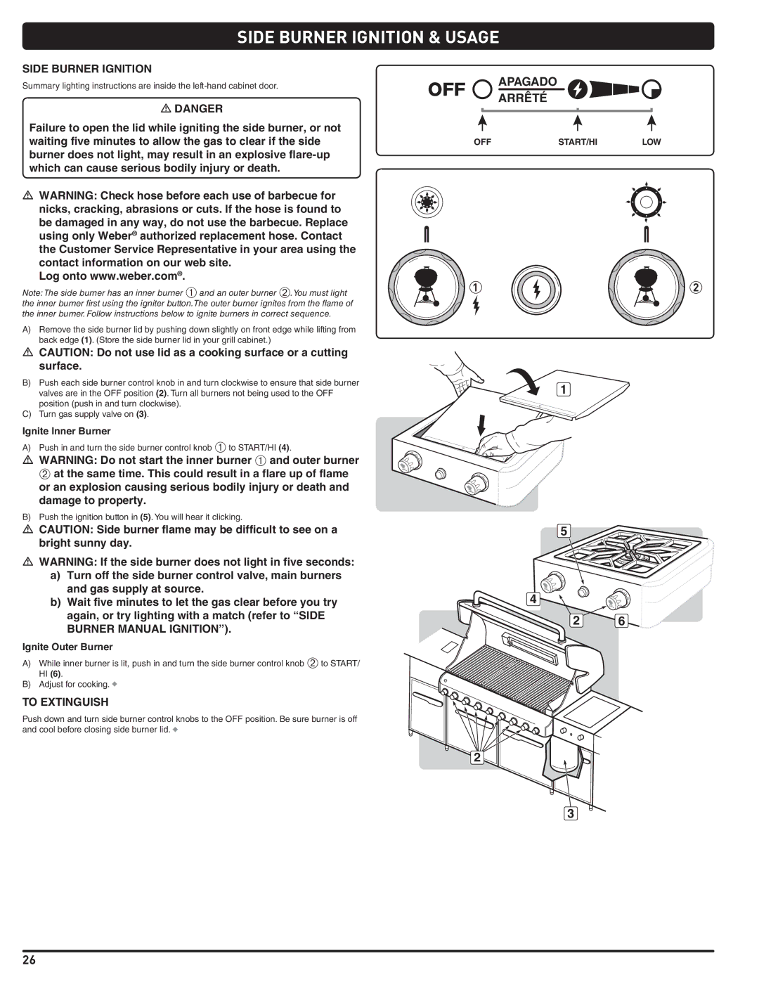 Weber 56567 manual Side Burner Ignition & Usage, Burner Manual Ignition, Ignite Inner Burner, Ignite Outer Burner 