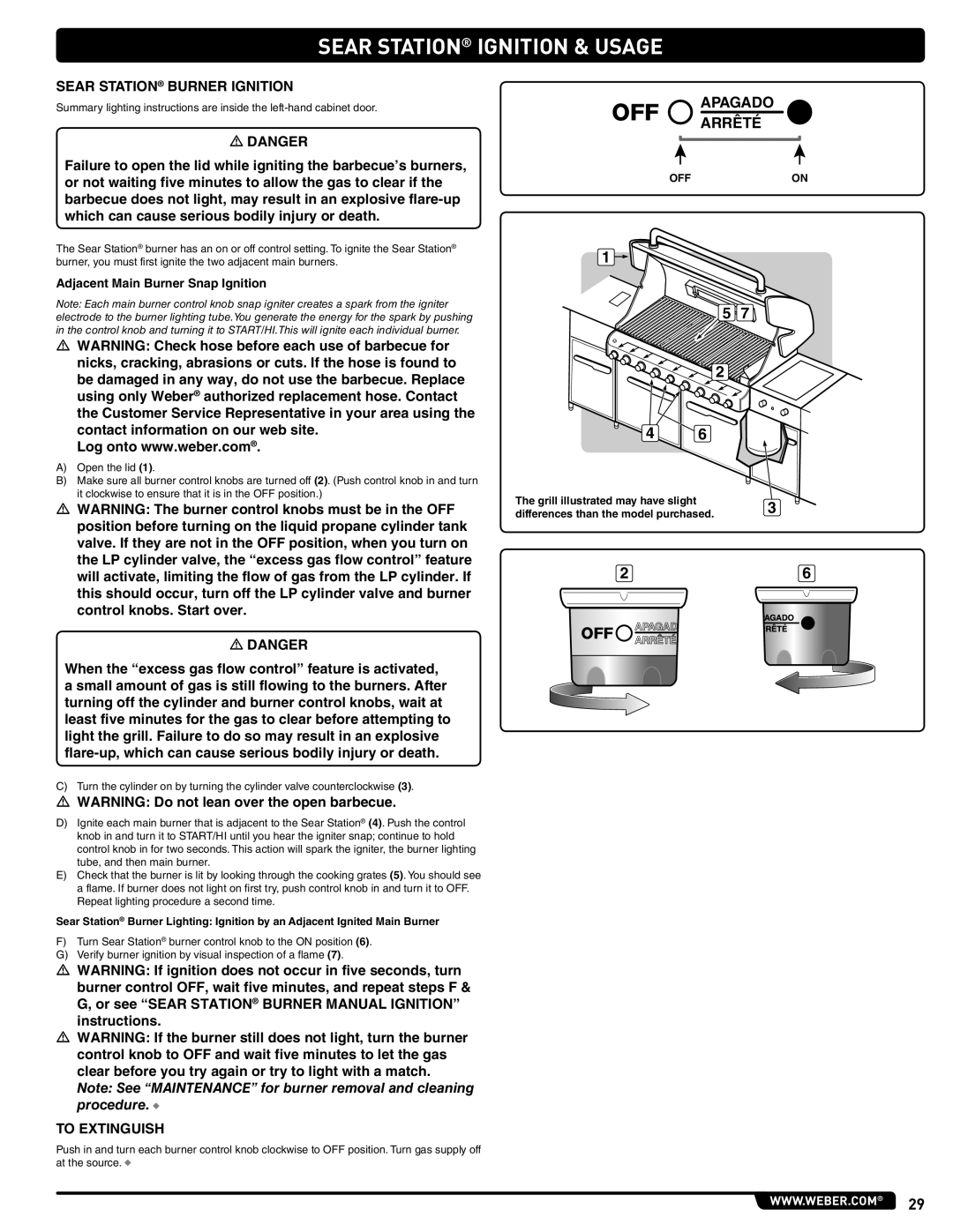 Weber 56567 manual Sear Station Ignition & Usage, Sear Station Burner Ignition, Adjacent Main Burner Snap Ignition 