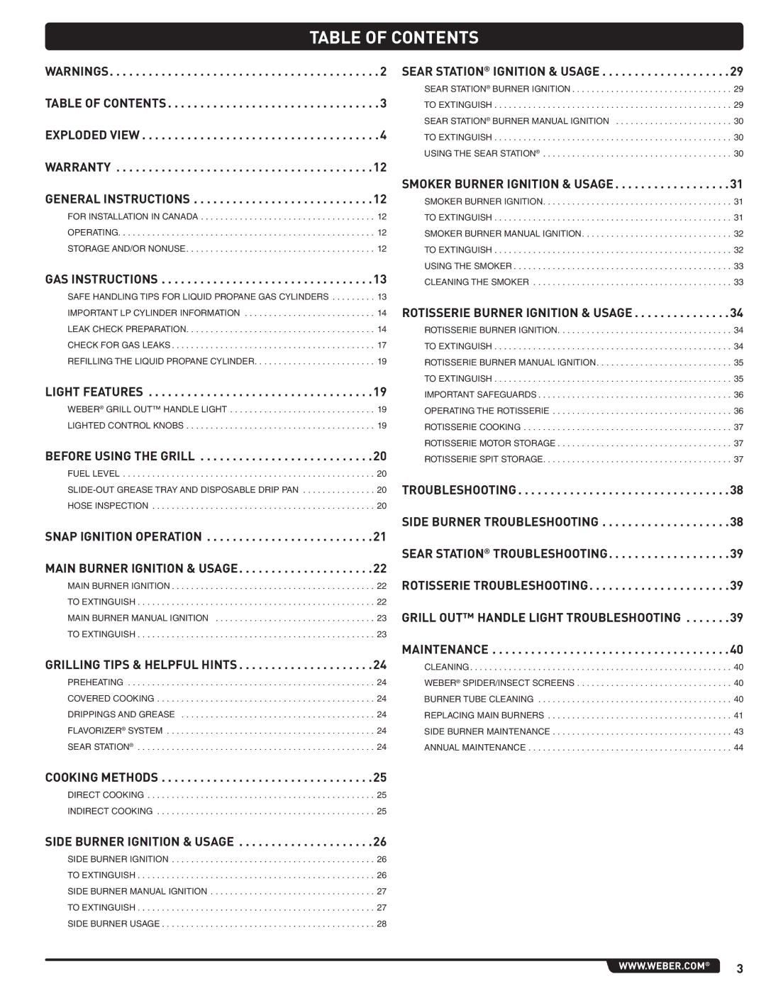 Weber 56567 manual Table of Contents 