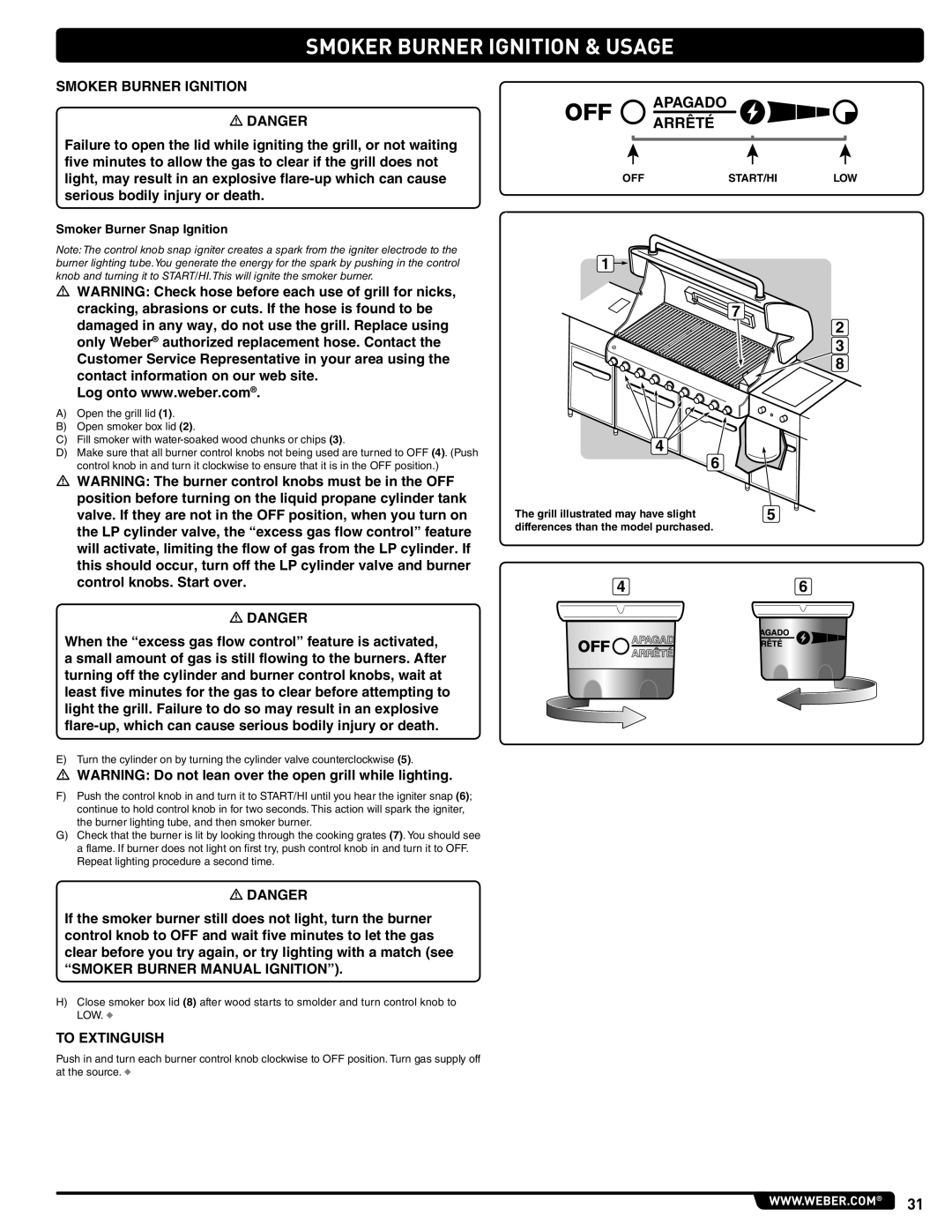 Weber 56567 manual Smoker Burner Ignition & Usage, Smoker Burner Manual Ignition, Smoker Burner Snap Ignition 