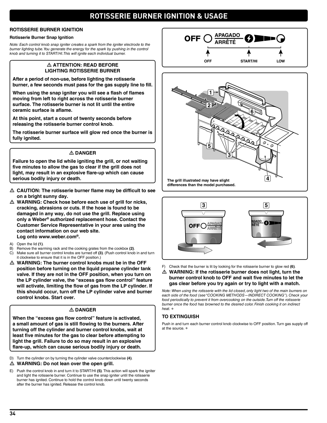 Weber 56567 manual Rotisserie Burner Ignition & Usage, Rotisserie Burner Snap Ignition 