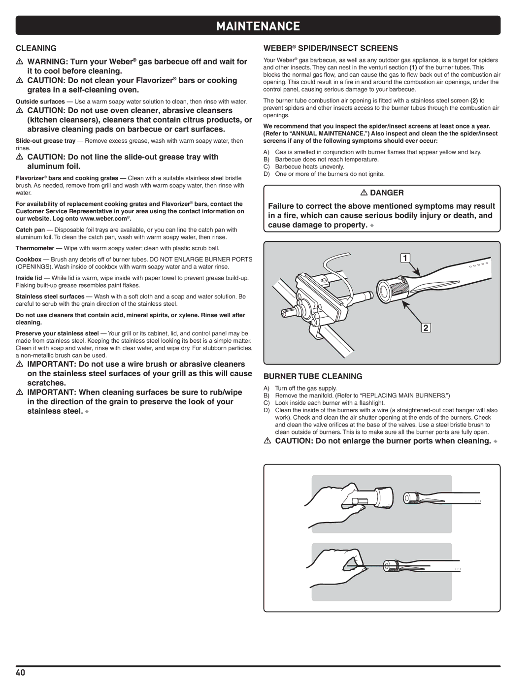 Weber 56567 manual Maintenance, Weber SPIDER/INSECT Screens, Burner Tube Cleaning 