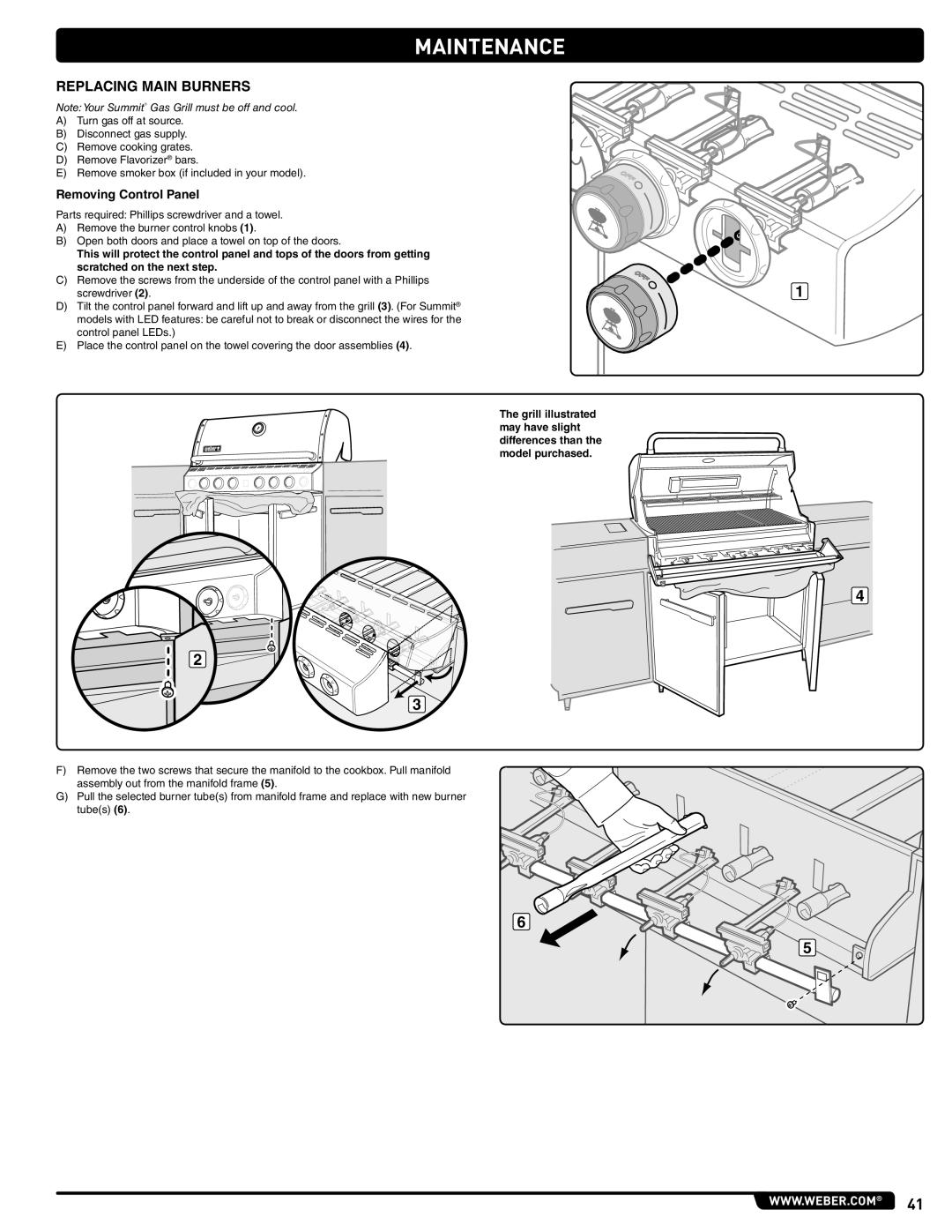 Weber 56567 manual Replacing Main Burners, Removing Control Panel 