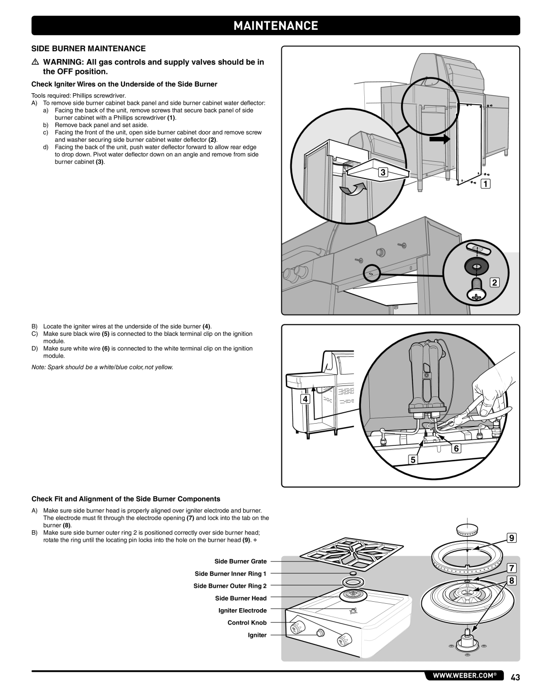 Weber 56567 manual Side Burner Maintenance, Check Igniter Wires on the Underside of the Side Burner 