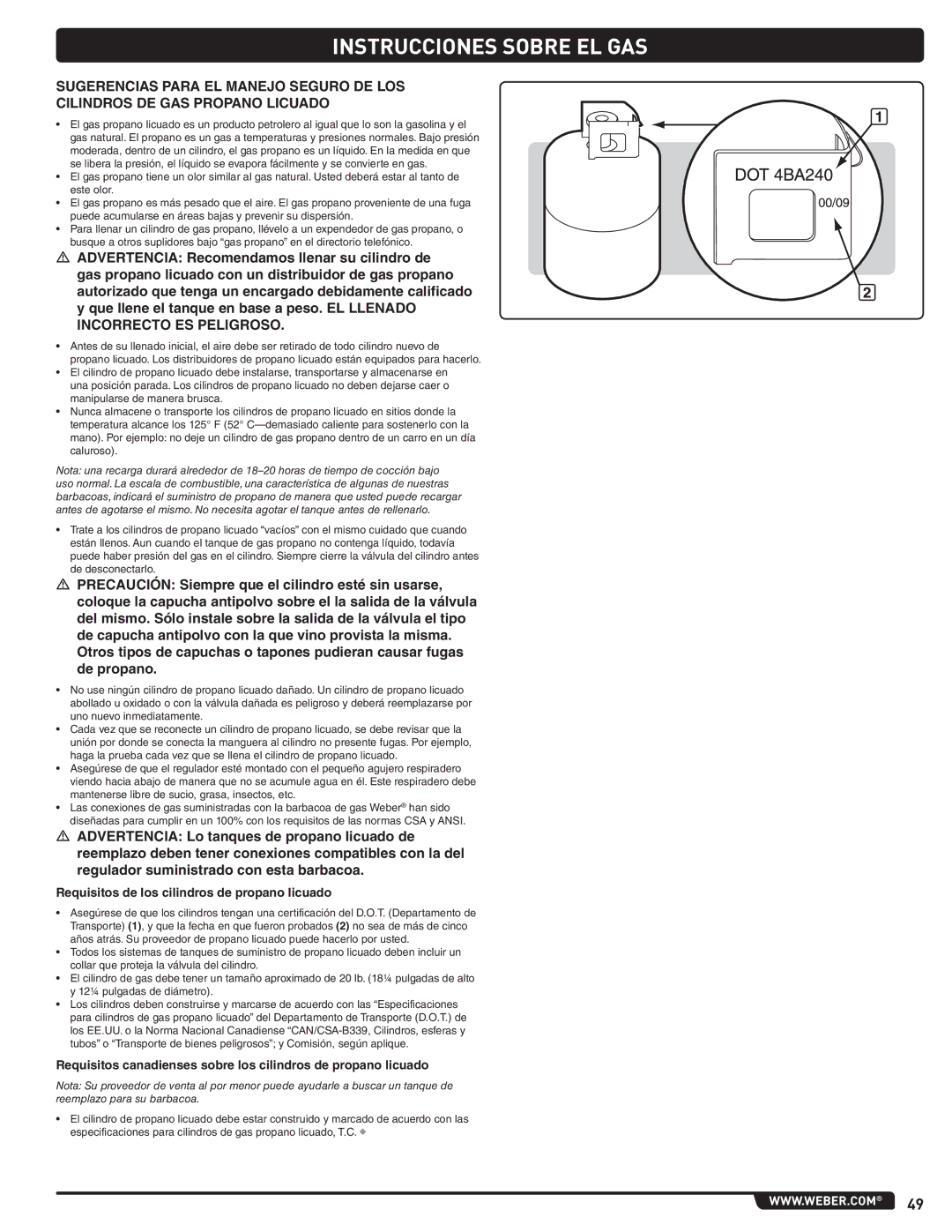 Weber 56567 manual Instrucciones Sobre EL GAS, Requisitos de los cilindros de propano licuado 