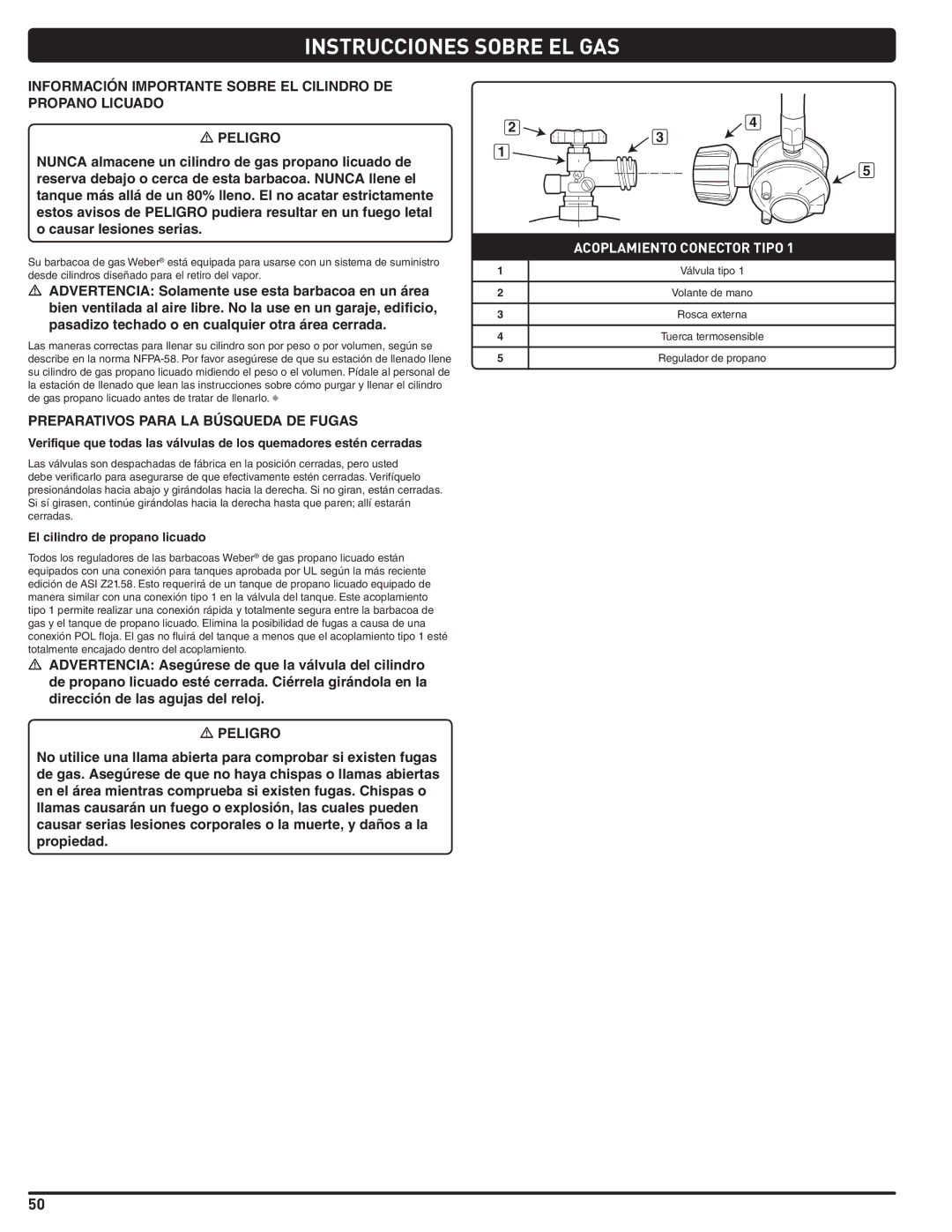 Weber 56567 manual Información Importante Sobre EL Cilindro DE Propano Licuado, Preparativos Para LA Búsqueda DE Fugas 