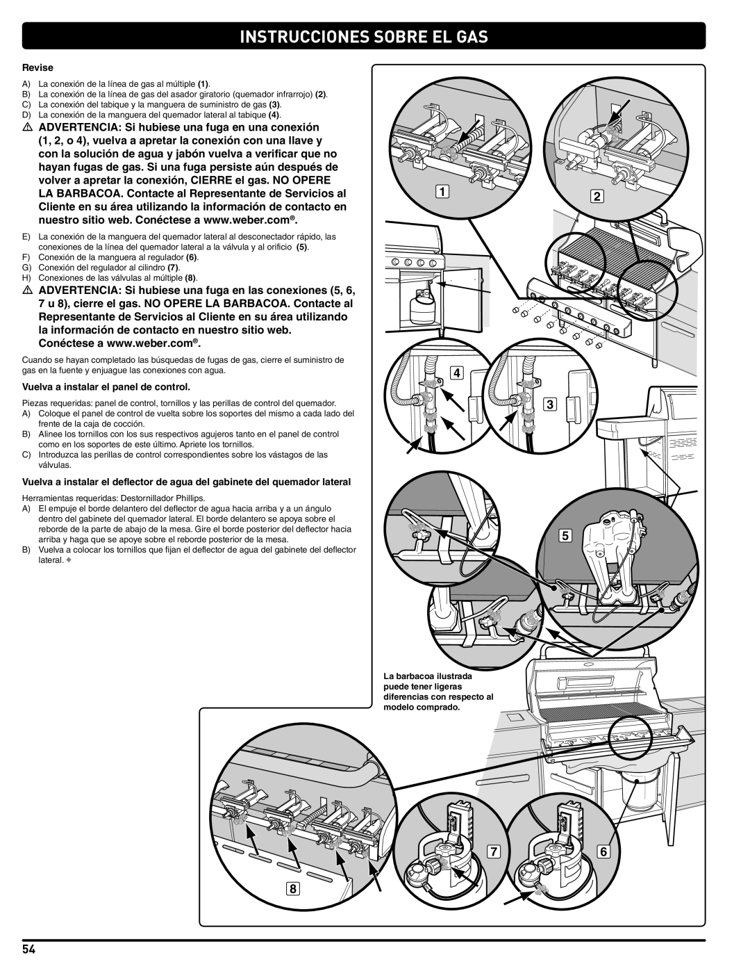 Weber 56567 manual Revise, Vuelva a instalar el panel de control 