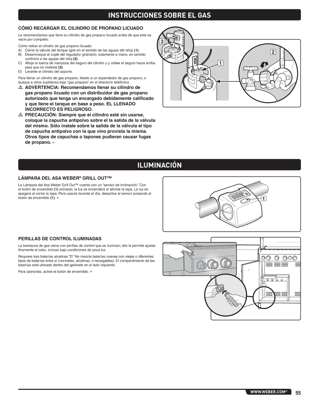 Weber 56567 manual Iluminación, Cómo Recargar EL Cilindro DE Propano Licuado, Lámpara DEL ASA Weber Grill OUT 