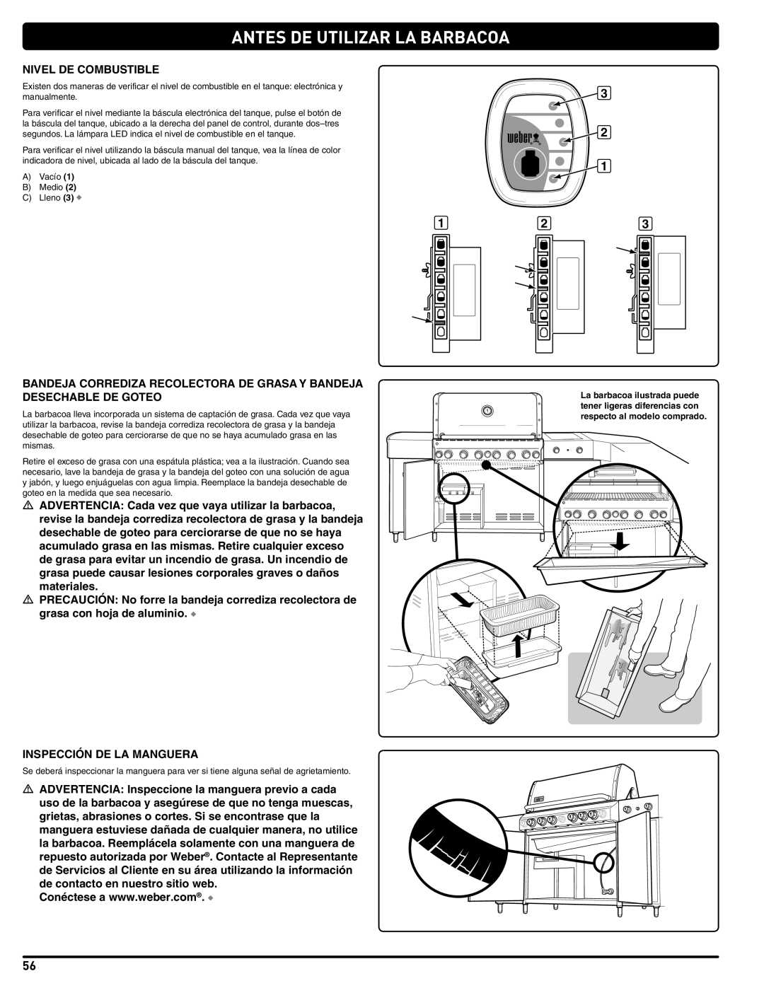 Weber 56567 manual Antes DE Utilizar LA Barbacoa, Nivel DE Combustible, Inspección DE LA Manguera 