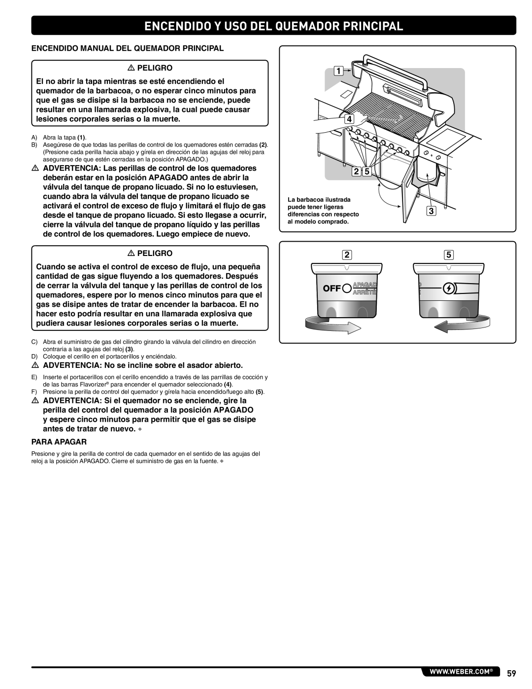 Weber 56567 manual Encendido Manual DEL Quemador Principal, Advertencia No se incline sobre el asador abierto 