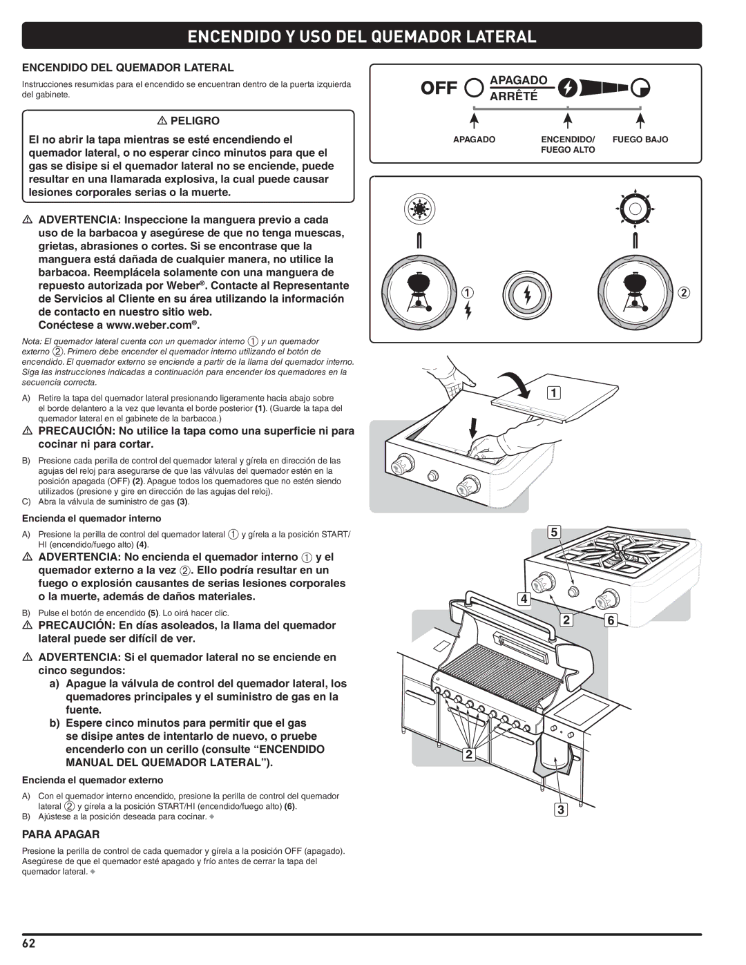 Weber 56567 manual Encendido Y USO DEL Quemador Lateral, Encendido DEL Quemador Lateral, Encienda el quemador interno 