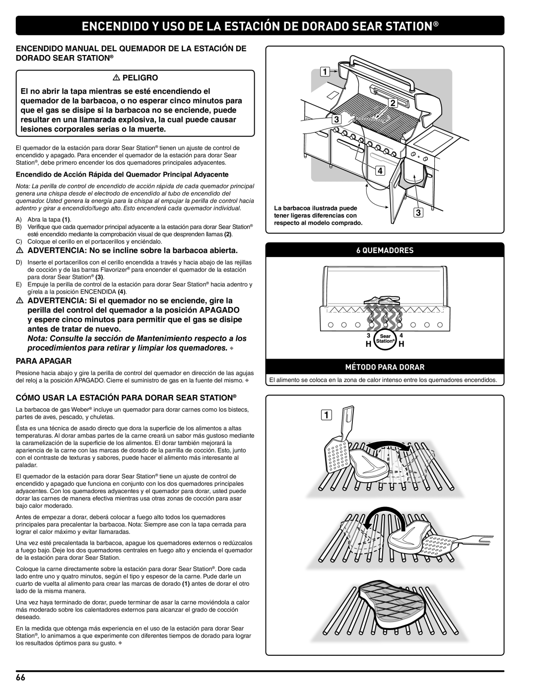 Weber 56567 manual  Advertencia No se incline sobre la barbacoa abierta, Cómo Usar LA Estación Para Dorar Sear Station 