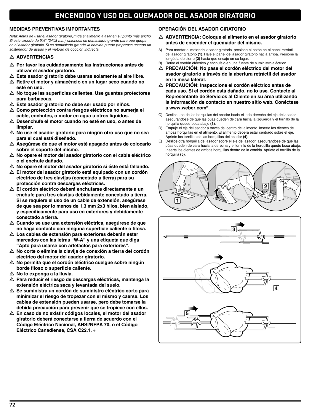 Weber 56567 manual Medidas Preventivas Importantes, Operación DEL Asador Giratorio 