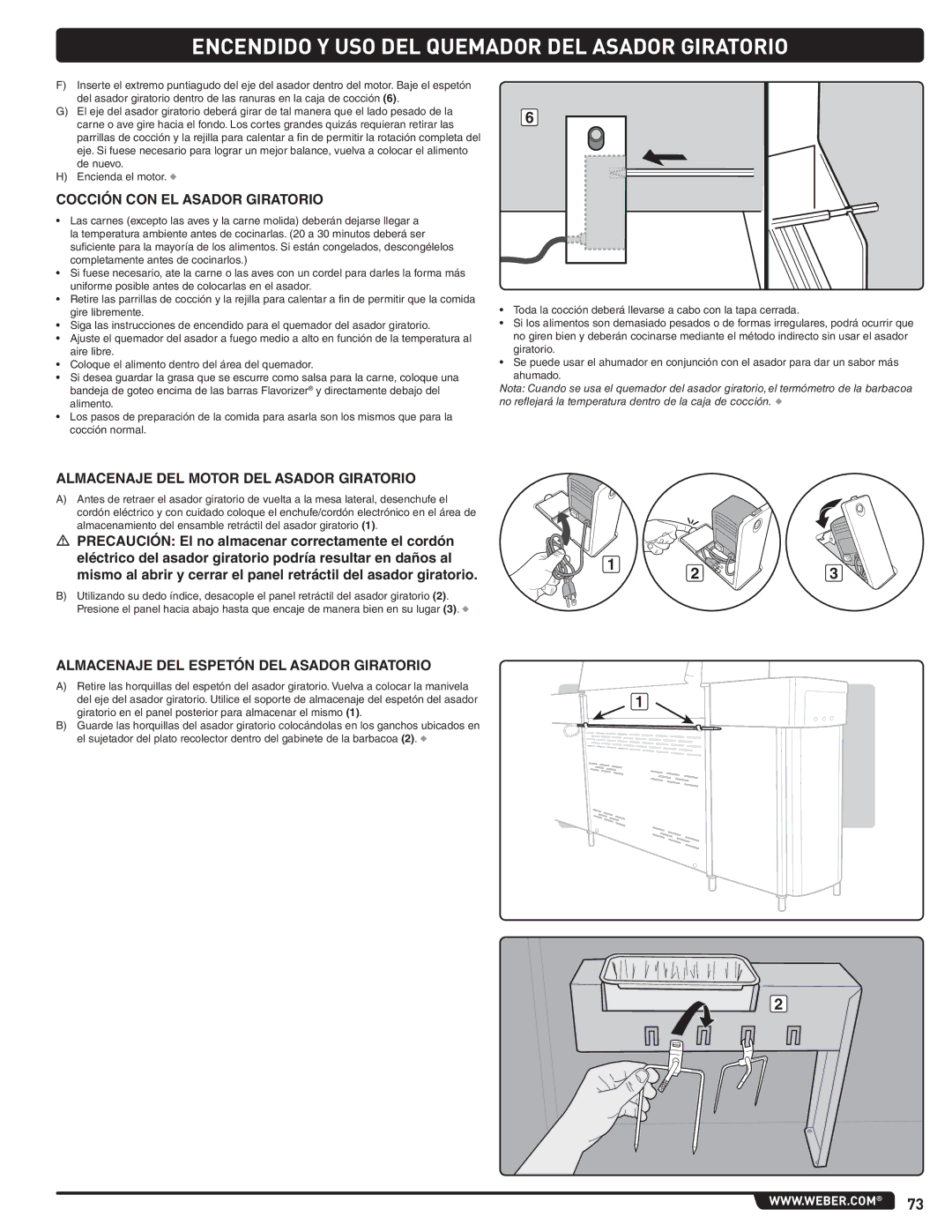 Weber 56567 manual Cocción CON EL Asador Giratorio, Almacenaje DEL Motor DEL Asador Giratorio 