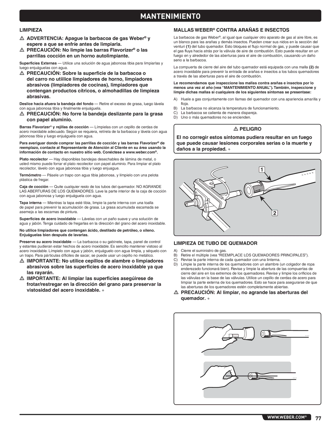 Weber 56567 manual Mantenimiento, Mallas Weber Contra Arañas E Insectos, Limpieza DE Tubo DE Quemador 