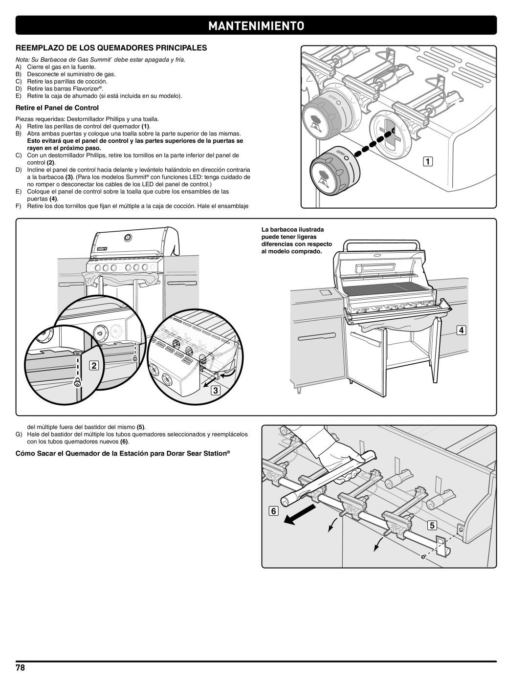 Weber 56567 manual Reemplazo DE LOS Quemadores Principales, Nota Su Barbacoa de Gas Summit debe estar apagada y fría 