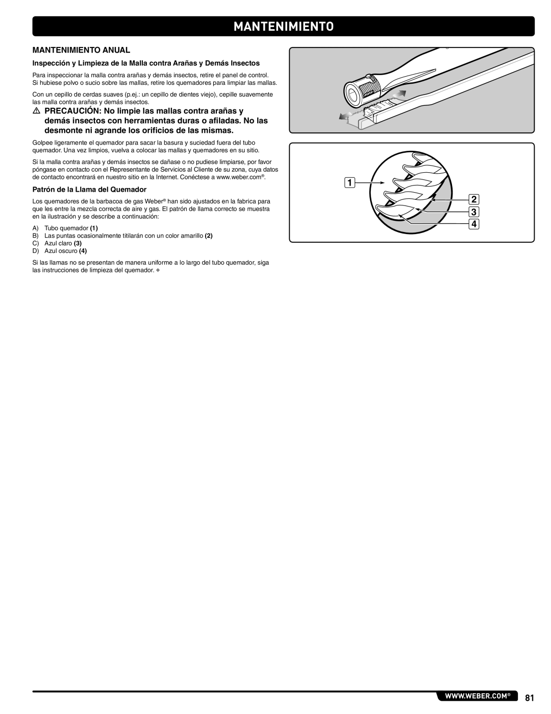 Weber 56567 manual Mantenimiento Anual, Patrón de la Llama del Quemador, Tubo quemador 