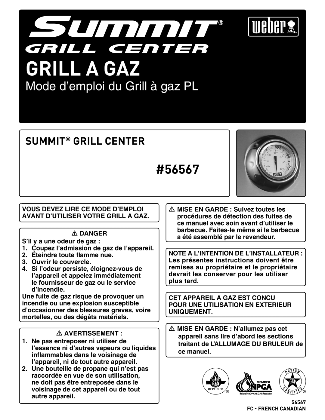 Weber 56567 manual Grill a GAZ 